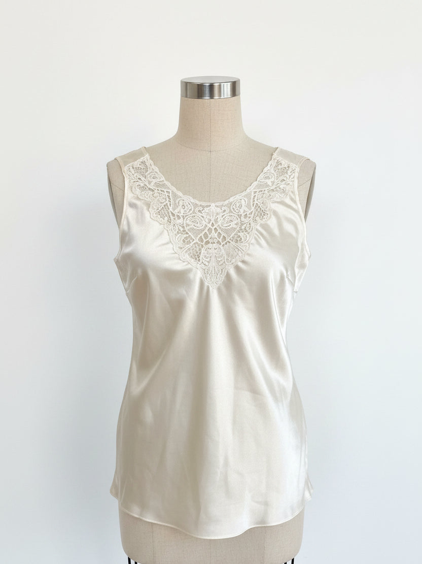 Vintage 1990s ivory satin camisole top, front view