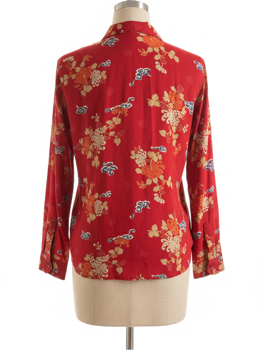 Vintage 1990s Red Asian Inspired Blouse — Silk Print Statement Top