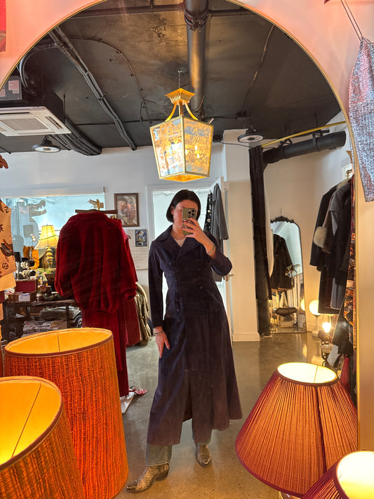 Vintage blue-purple antelope leather long coat, front view