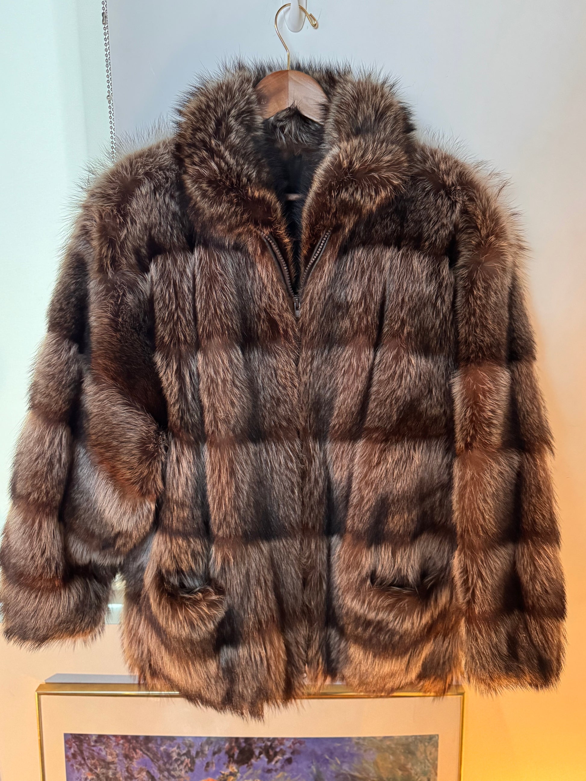 Vintage 1970s raccoon fur zip-up jacket, front view