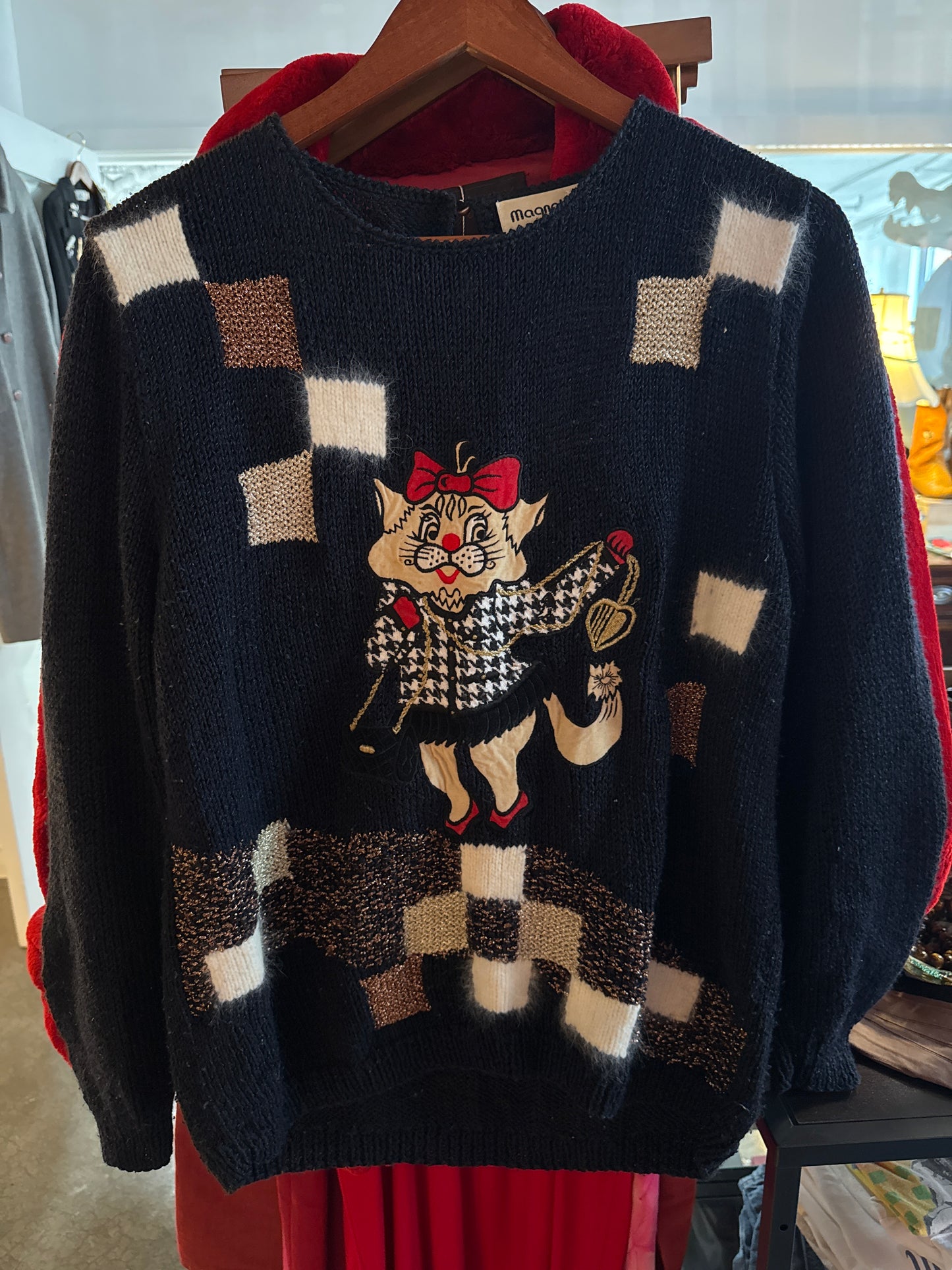 Vintage 1980s Novelty Cat Print Sweater — Whimsical Cottagecore Knit