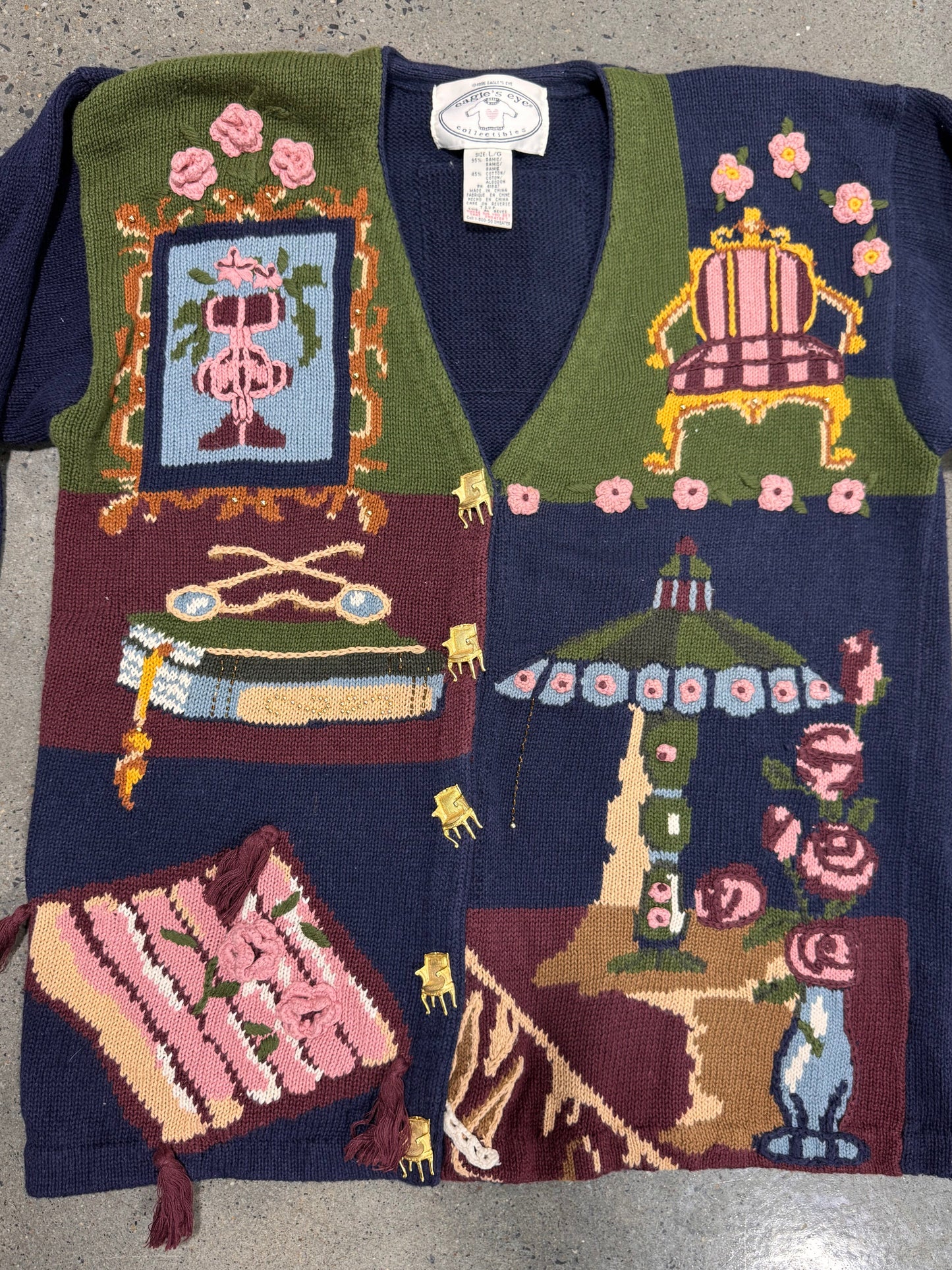 Vintage 1980s hand-knit novelty cardigan with chair buttons, front view