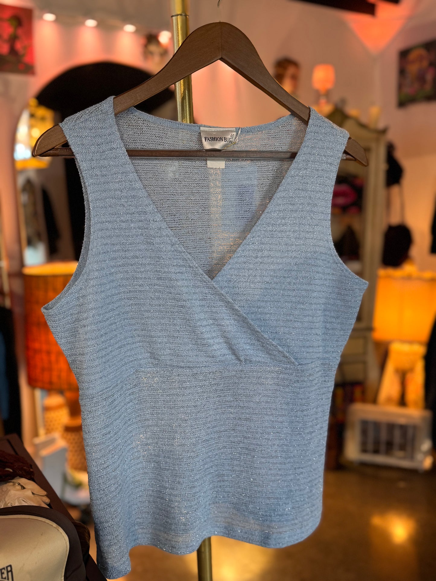 Vintage Fashion Bug blue sparkle knit tank top, front view