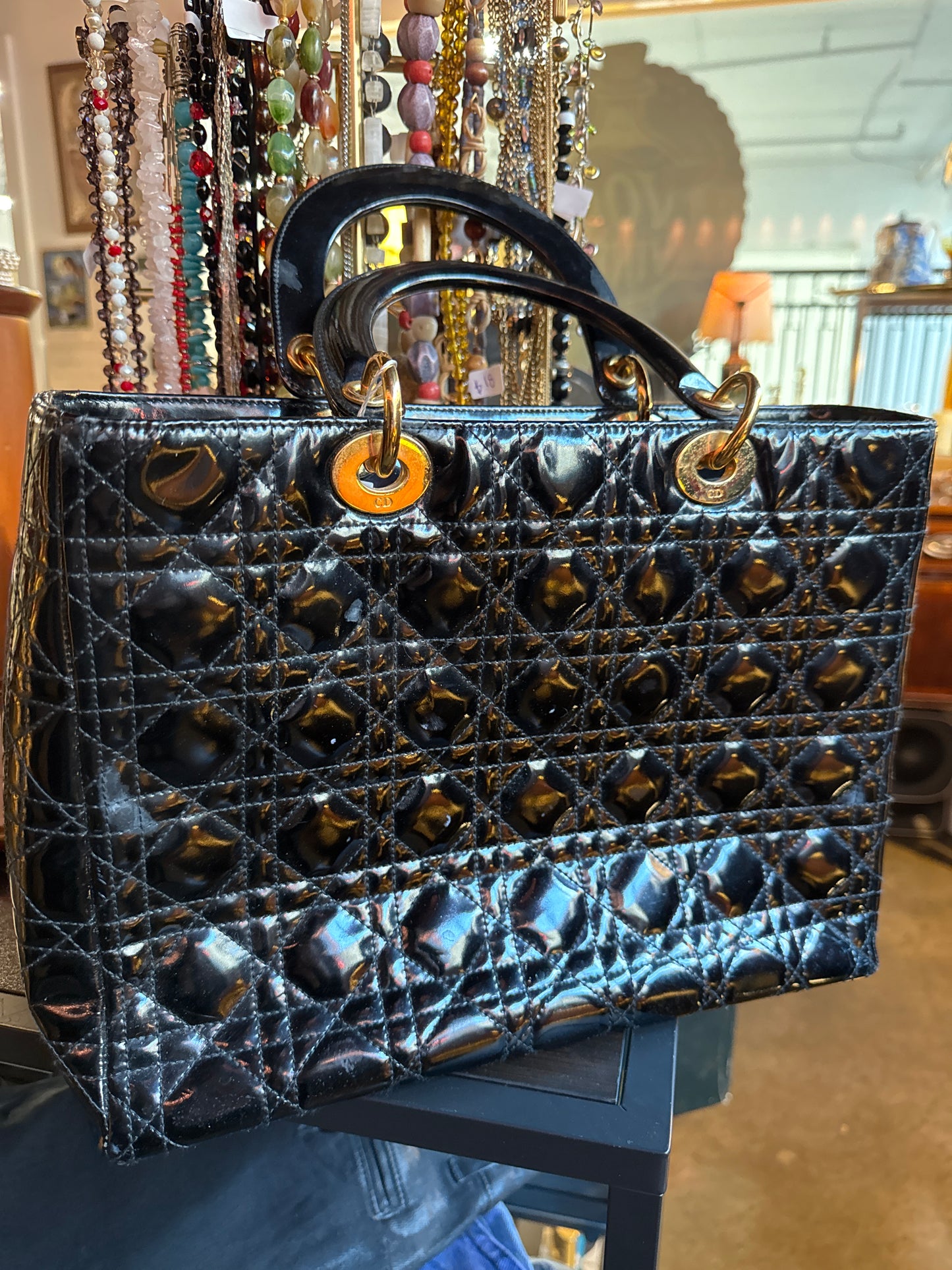 Vintage 1990s Black Patent Lady Dior Bag — Designer Statement Bag