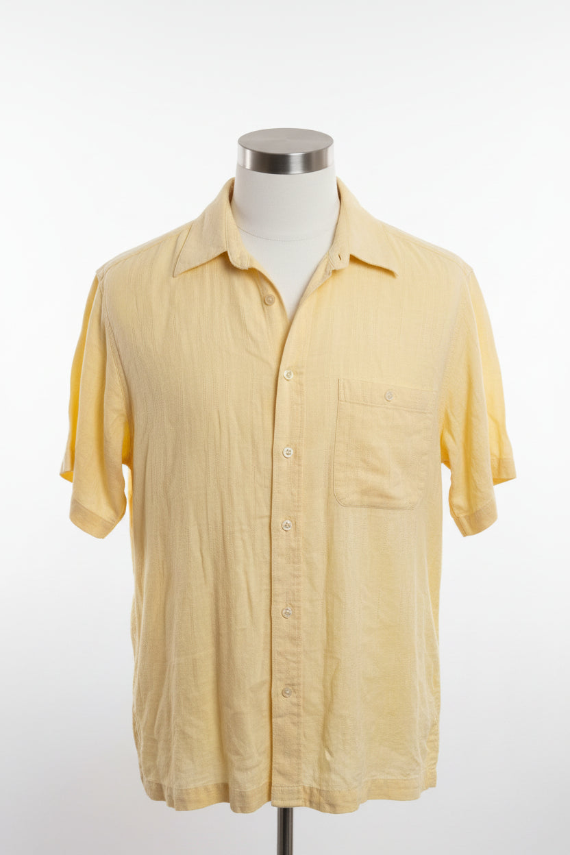 Vintage 1980s yellow linen blend button-down shirt, front view