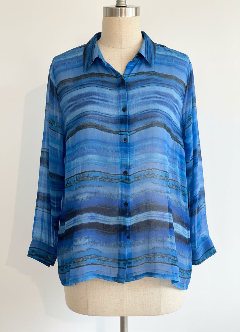 Vintage 1990s Chico's blue striped silk blouse, front view