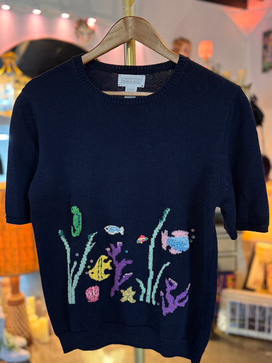 Vintage 1990s Lands End Novelty Fish Knit Sweater — Whimsical Cottagecore