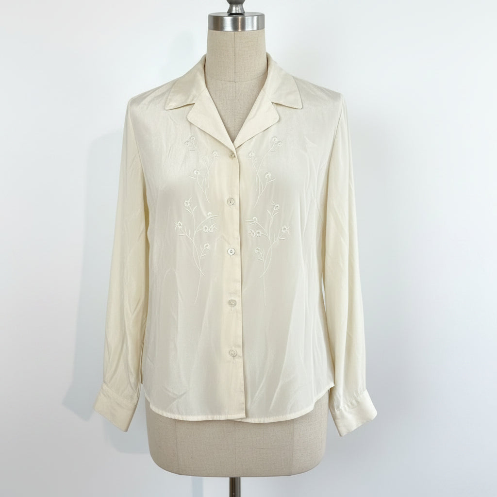Vintage 1990s White Floral Button Down Blouse — Romantic Cottagecore