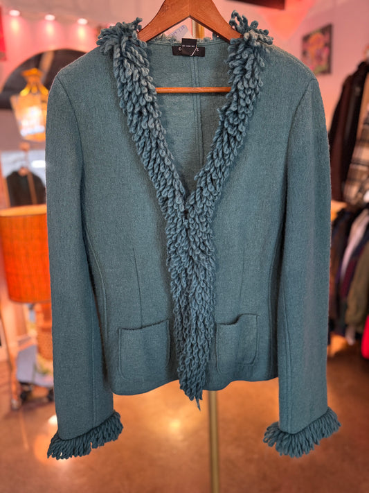 Vintage teal wool cardigan with fringe detail, front view