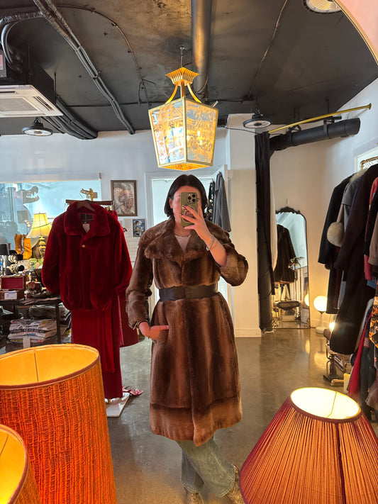 Vintage 1980s sheared beaver fur coat, front view