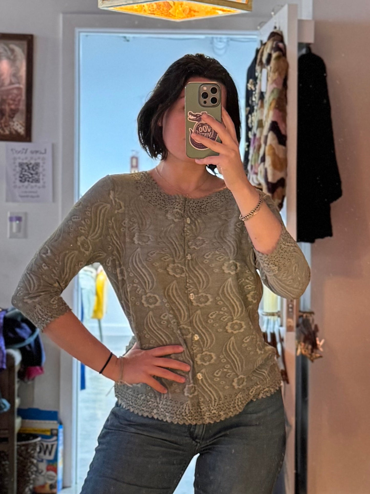 Vintage 1990s Rebecca Malone light green open-front cardigan, front view