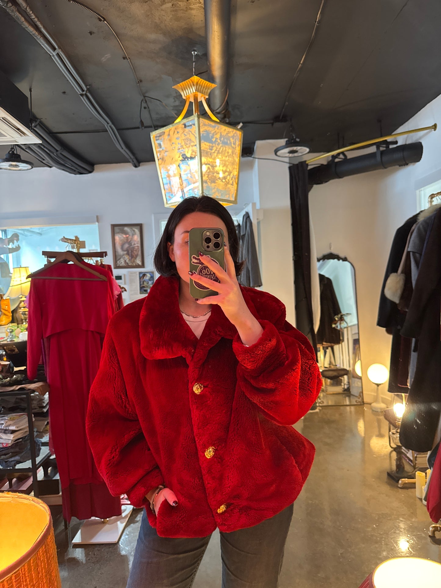 Vintage 1980s red sheared beaver fur bomber jacket, front view