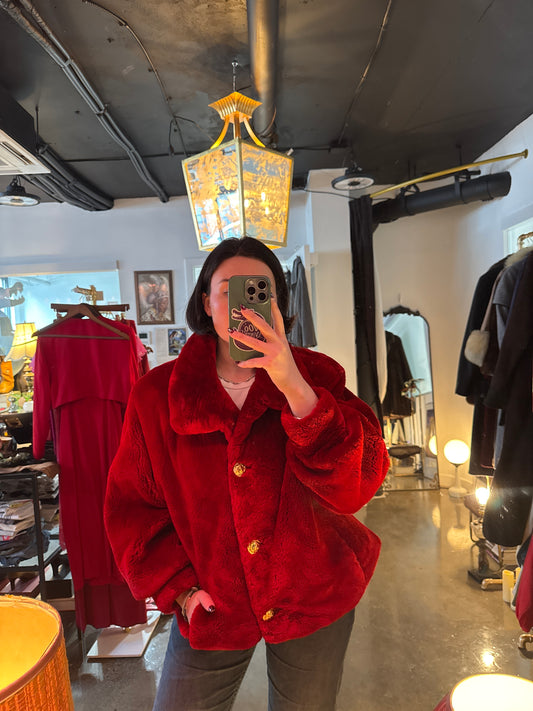 Vintage 1980s red sheared beaver fur bomber jacket, front view