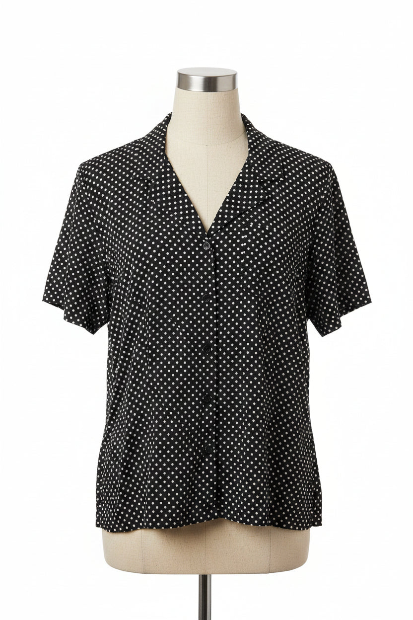 Vintage 1990s Black Polka Dot Blouse — Classic Print Button Down
