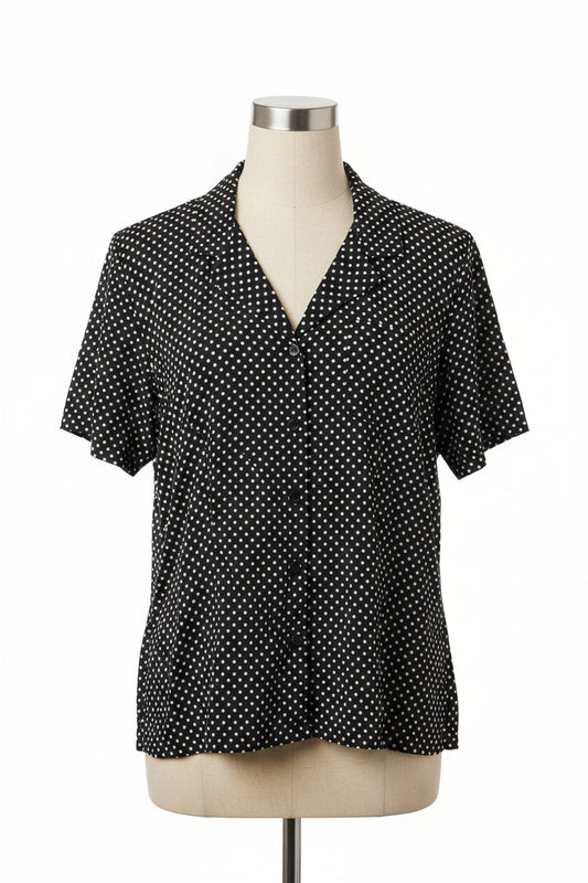 Vintage 1990s Black Polka Dot Blouse — Classic Print Button Down