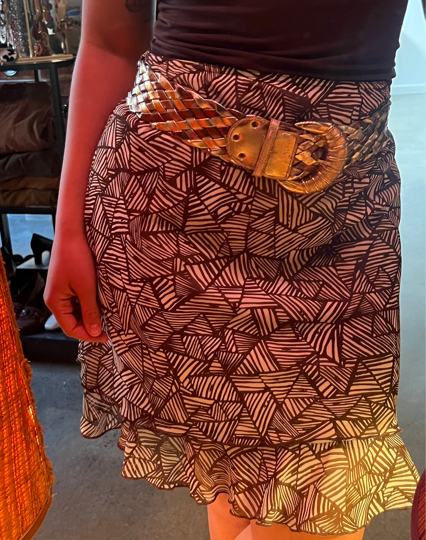 Vintage 1990s Brown Pattern Midi Skirt — Earthy Bohemian