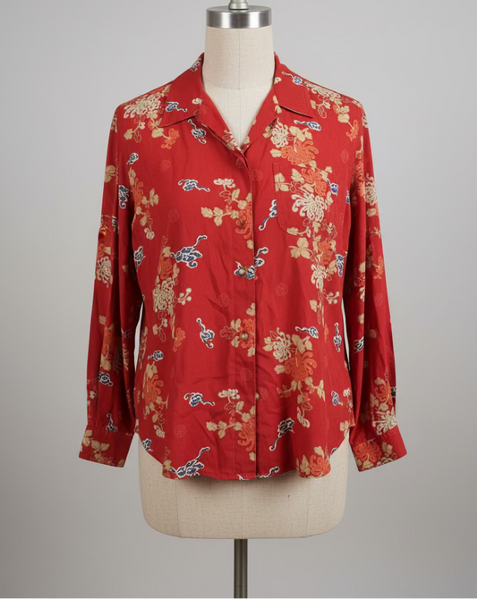 Vintage 1990s Red Asian Inspired Blouse — Silk Print Statement Top
