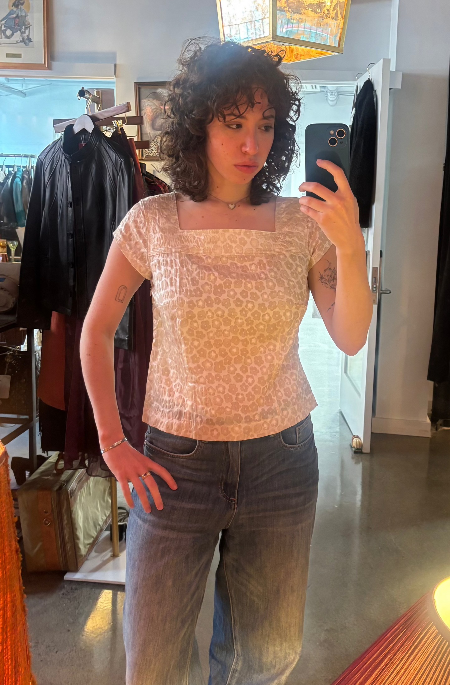 Vintage 1990s cream cap-sleeve floral blouse, front view