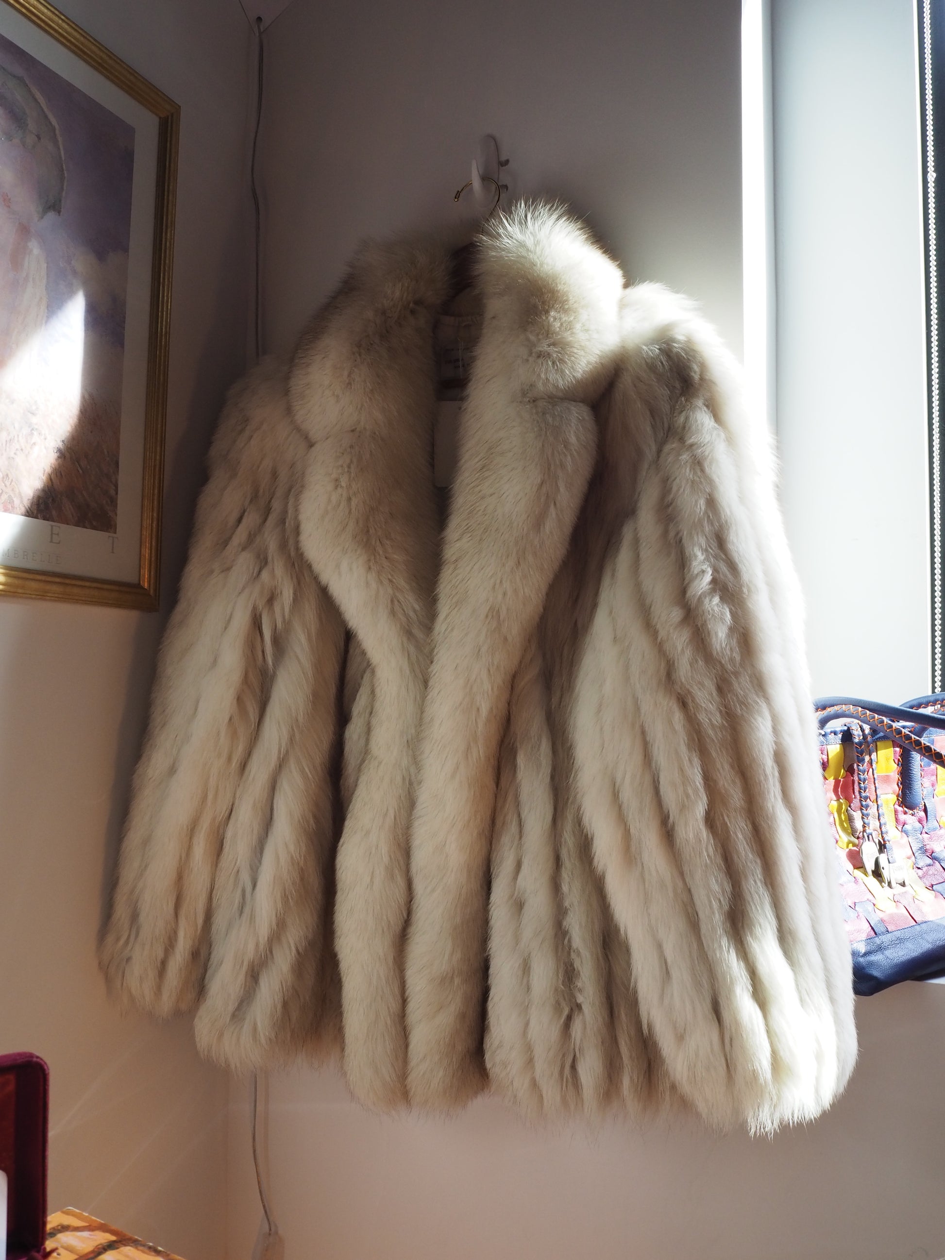 Vintage silver Finnish fox fur coat with shawl collar, front view
