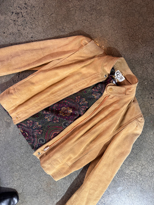 Vintage 1990s Tan Cropped Leather Jacket — Fitted Moto Outerwear